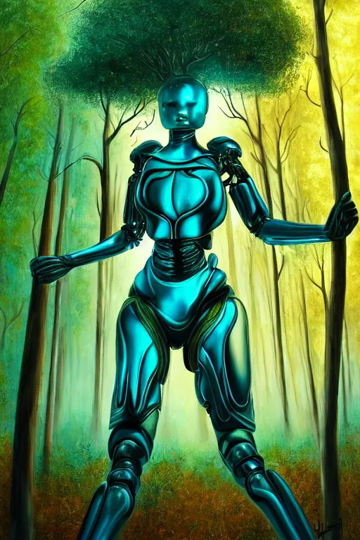 Image similar to hyperrealistic magic realism cinematic super expressive! black woman with exoskeleton armor, merging with tree in a forest, highly detailed digital art masterpiece, smooth cam de leon eric zener dramatic pearlescent soft teal yellow light, ground angle hd 8 k, sharp focus