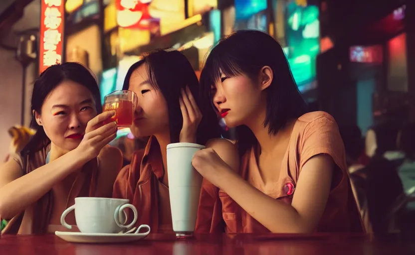 Prompt: cinestill 5 0 d photographic portrait of two android women sharing a drink at a cafe in cyberpunk china, extreme closeup, modern cyberpunk, dust storm, 8 k, hd, high resolution, 3 5 mm, f / 3 2, ultra realistic faces, intricate detail, ex machina