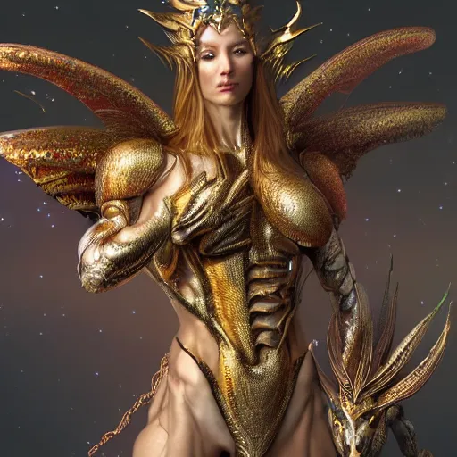 Image similar to a beautiful symmetrical muscular body wearing a dragon armor made of golden ornaments and gems, white wings by alex gray and android jones , Karol Bak, Ayami Kojima, Amano , concept art, character design, fantasy,3D, 8k resolution