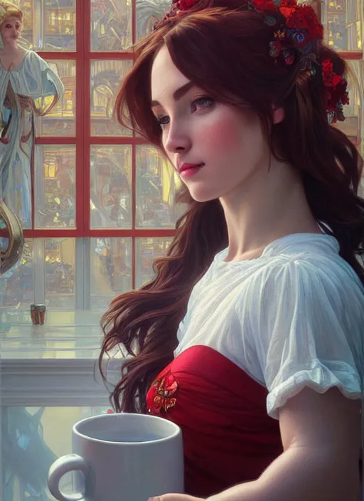 Image similar to perfectly - centered - portrait of a beautiful lady drinking red cup coffee, intricate, highly detailed, digital painting, artstation, concept art, smooth, sharp focus, illustration, unreal engine 5, 8 k, art by artgerm and greg rutkowski and alphonse mucha