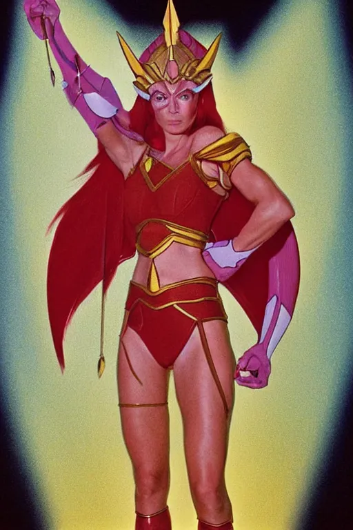 Image similar to she - ra, portrait, full body, symmetrical features, color photo, 1 9 8 5 photograph, kodachrome, aged paper, sergio leone, master prime lenses, cinematic