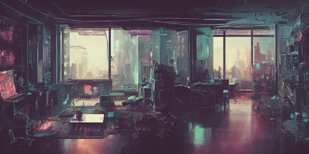 Prompt: cyberpunk noir apartment interior overview mapa design, Moebius, Greg Rutkowski, Zabrocki, Karlkka, Jayison Devadas, Phuoc Quan, trending on Artstation, 8K, ultra wide angle, pincushion lens effect.