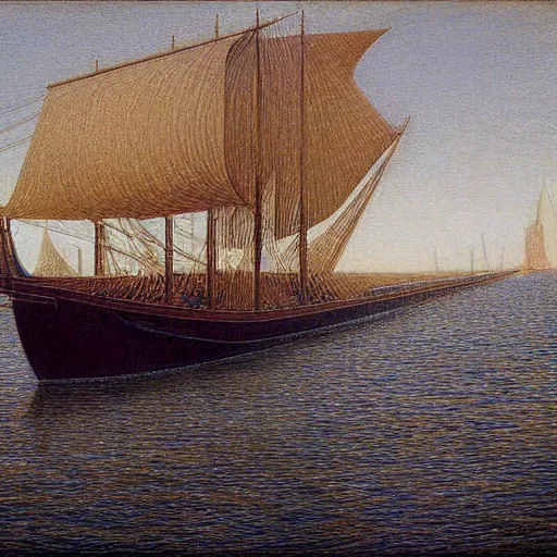 Prompt: Caravel at port in Kingstown by Jean Delville