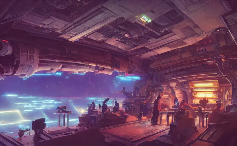 Prompt: a bounty hunter bar in a space opera studio ghibli animated film, cassette futurism, retro futurism, volumetric lighting, octane render by anime, stanley artgerm lau, greg rutkowski, thomas kindkade, alphonse mucha, loish, norman rockwel, highly detailed