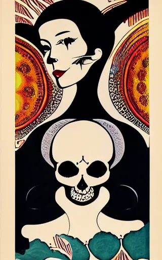 Prompt: a vintage movie poster titled Vulvine of a woman in love with skull oriental, dark, jewels, by Saul Bass, by Georgia o Keeffe, by Yoshitaka Amano