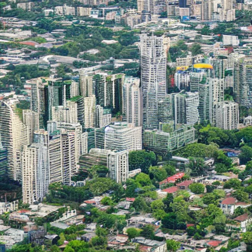 Prompt: helicopter view of nonexistant city with decrepit highrises overgrown with plants