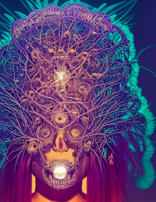 Prompt: symmetrical, centered, goddess close-up portrait wigh crown made of skulls. phoenix betta fish, phoenix, bioluminiscent creature, super intricate ornaments artwork by Tooth Wu and wlop and beeple and Dan Flavin and David Spriggs and Daniel Buren and greg rutkowski