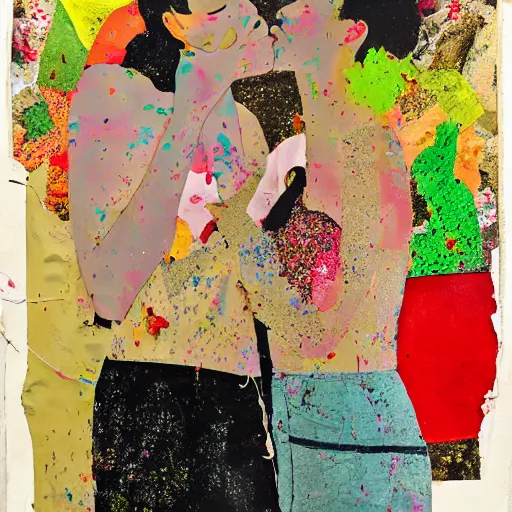 Image similar to two women kissing at a carnival in spring, mixed media collage, retro, paper collage, magazine collage, acrylic paint splatters, bauhaus, claymation, layered paper art, sapphic visual poetry expressing the utmost of desires by jackson pollock