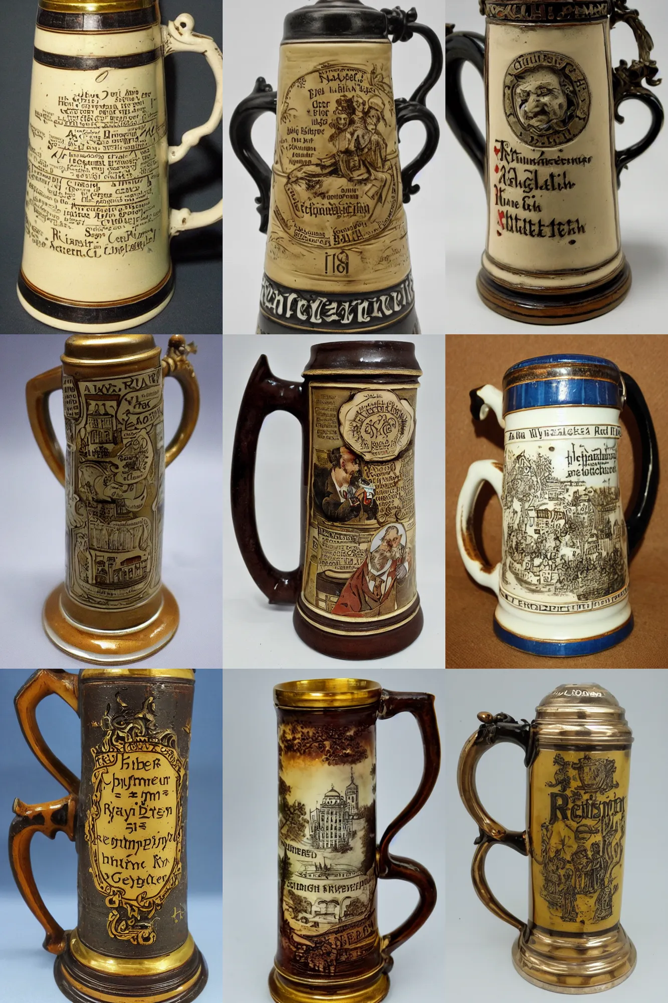 Prompt: A beer stein with rhyming German couplets on it, photograph from an antique store