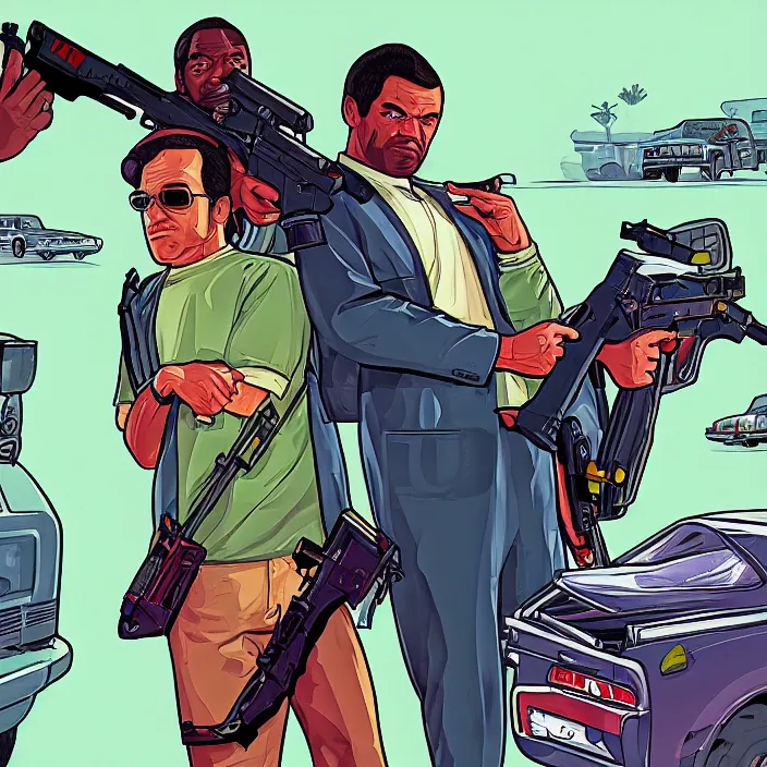 Image similar to GTA5 art cover as 90's game cover illustration style