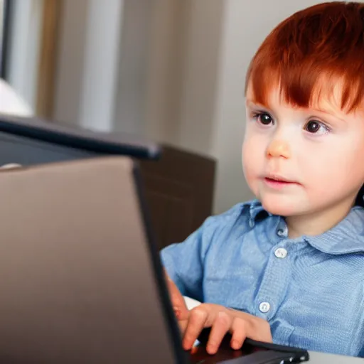 Prompt: toddler with short reddish-brown hair at a desktop computer