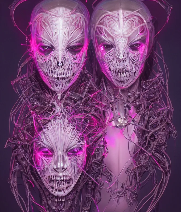 Image similar to fully symmetrical centered iridescent portrait of a beautiful princess demon in robe. skulls artificial muscles, ribcage, bones, hard surface modelling. cyberpunk look. biomechanical mask. bio luminescent biomechanical halo around head. neon jellyfish. artwork by jarold Sng by artgerm, by Eddie Mendoza, by Peter mohrbacher by tooth wu, unreal engine, octane render, cinematic light, high details, iridescent colors, dichroic, macro, depth of field, blur