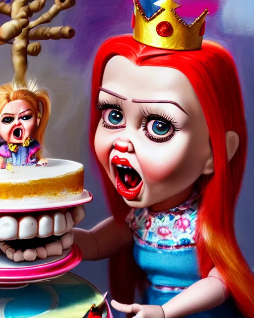 Prompt: closeup profile portrait of a tin toy ivanka trump screaming as a sith lord fairytale princess chucky doll wearing a crown and eating cakes, bikini, hyper realistic, artstation, illustration, nicoletta ceccoli, mark ryden, lostfish, max fleischer, digital paint, matte paint, vivid colors, bright, cheerful, detailed and intricate environment