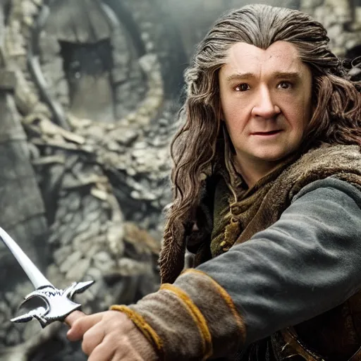 Prompt: deleted scene from the Hobbit Desolation of Smaug, Bilbo has a gun