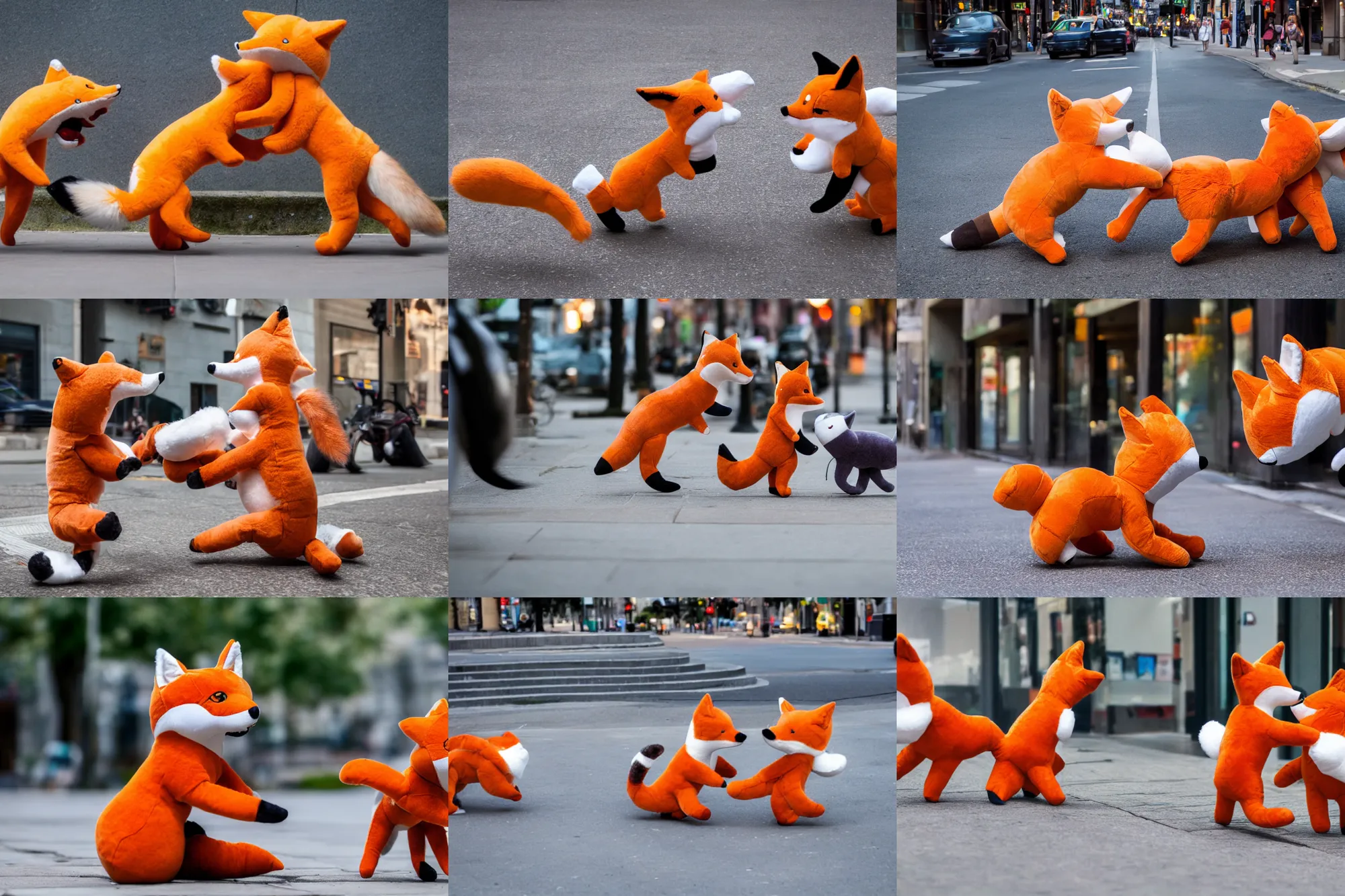 Prompt: Two fox plushies fighting and screaming at each other on the sidewalk, dynamic, motion blur, 1/4 shutter speed, award winning photography