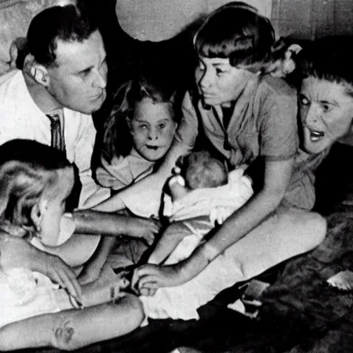 Prompt: a 1960 photo of a poltergeist attack family
