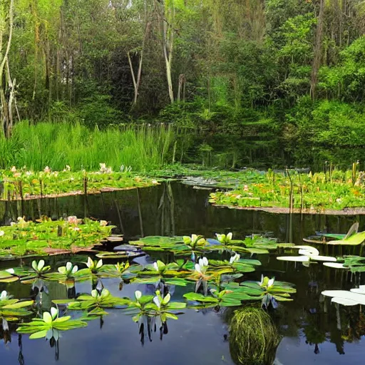 Image similar to a pond with water lillies in the forest, in the style of Gordon Onslow Ford,