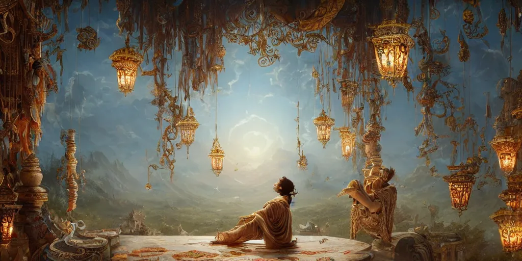 Image similar to painting of a god of wind enjoying his ornate heavenly palace, decorated with windchimes and paper lanterns, stunning nature in background, cinematic, 8 k, hyper detailed, art by greg rutkowski