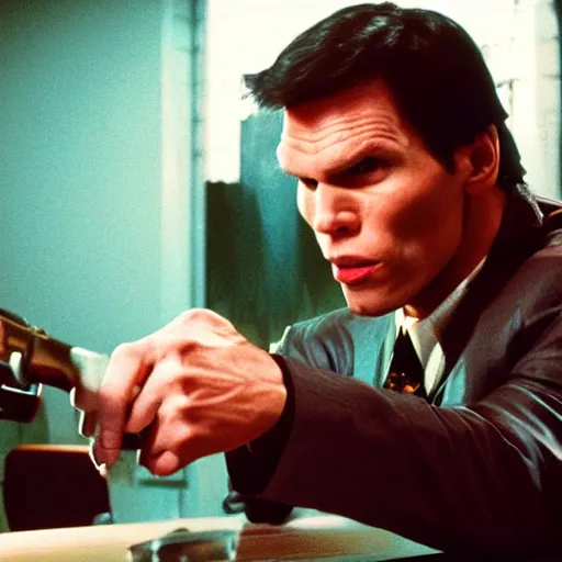 Image similar to Live Action Still of Jerma in Pulp Fiction, real life, hyperrealistic, ultra realistic, realistic, highly detailed, epic, HD quality, 8k resolution, body and headshot, film still