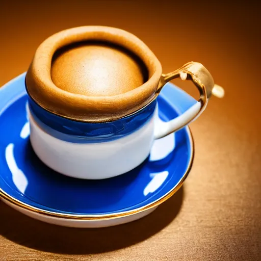 Prompt: Award winning photograph of a British Cup of tea with a bowler hat on top, cantered composition, realistic, highly detailed, trending artstation, 8k, food photography