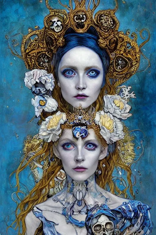 Image similar to The Princess of Bones by Karol Bak, Jean Deville, Gustav Klimt, and Vincent Van Gogh, portrait of a porcelain princess wearing a crown, porcelain ball-joint doll face with blue painted tattoos, pale blue eyes, mystic eye, otherworldly, crown made of bones, ornate jeweled crown, skulls, fractal structures, arcane, inscribed runes, infernal relics, ornate gilded medieval icon, third eye, spirals