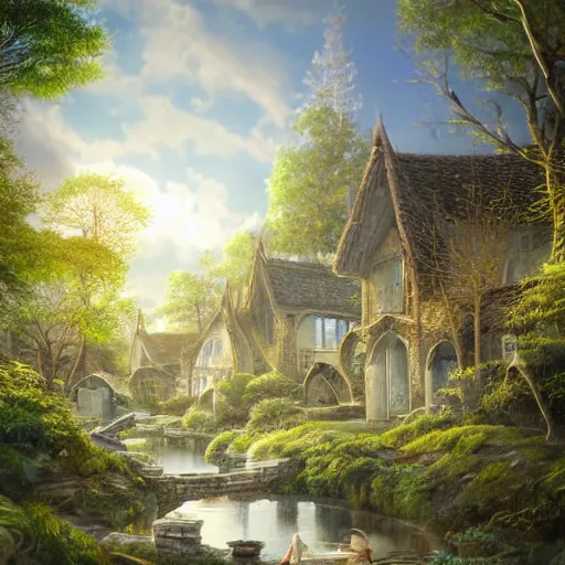 Prompt: A small elven village with elegant architecture in an open field, a winding white pathwalk and a small brook running through, clear blue skies in the background, sunsetting color, octane rendering, oil painting, mind-blowing detail, photoreaistic, trending on artstation, trending on deviant art, intricate, elegant, digital painting, saturated colors, smooth, sharp focus, art by artgerm and Todd Shorr