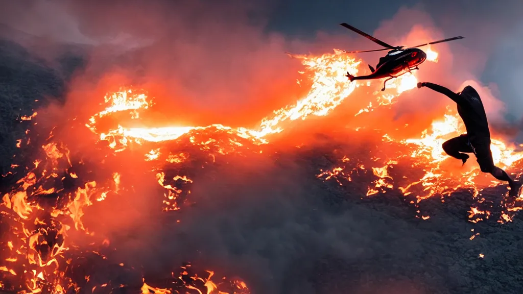 Image similar to person wearing a sponsored team jersey with logos jumping out of a helicopter with a surfboard into a volcano, action shot, dystopian, thick black smoke and fire, sharp focus