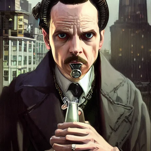 Image similar to [UHD Professor Moriarty as a GTA villain on on a London rooftop in futuristic steampunk London, correct faces, intricate, elegant, graphic detail, digital painting, trending on artstation, concept art, tonalism, sharp focus, illustration, art by Annie Leibowitz and Greg Rutkowski and Alphonse Mucha]