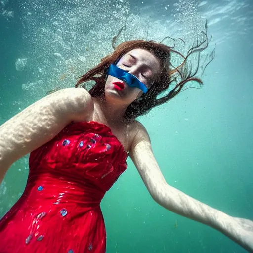 Prompt: medium shot of a teen with short brown hair completely underwater wearing a floral sundress, eyes closed, bright red lipstick, drowning, motion blur, long exposure, cinematic, by Cindy Sherman. Seed image is [3790640580, 3580780586, 658923803, 3389861569, 2223194009, 985530902, 1840572578, 2456109655, 1595944614]