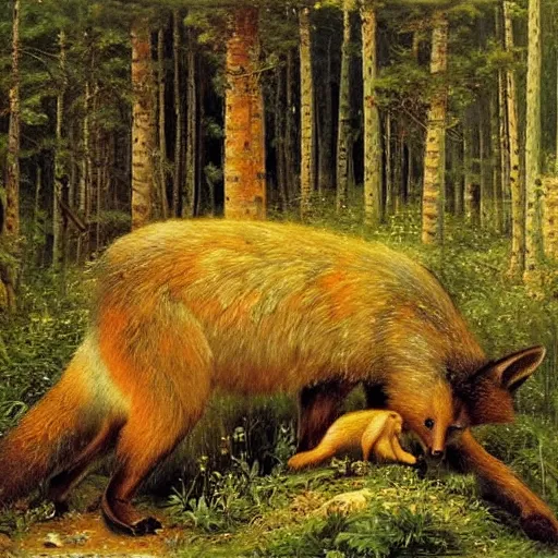 Image similar to shishkin's painting, morning in a pine forest. but instead of bears there are foxes. the picture is over - detailed. canvas, oil. what is a masterpiece.