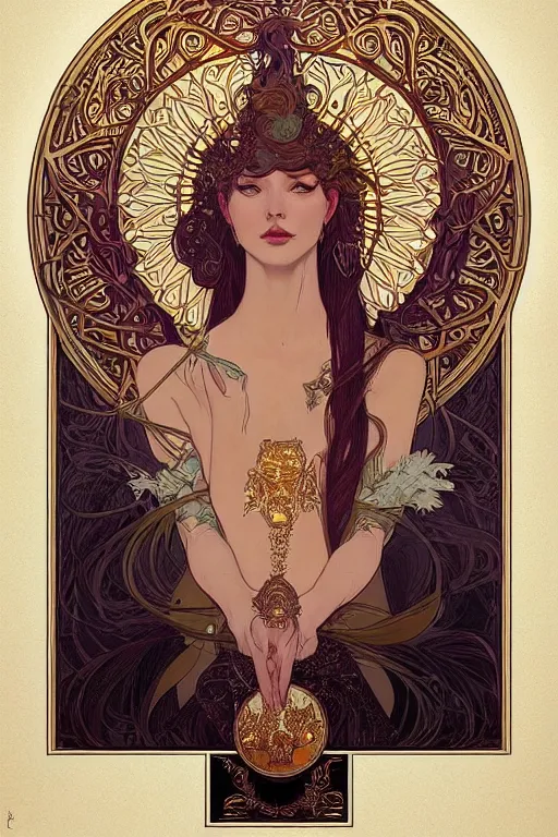 Image similar to high priestess, intricate, elegant, highly detailed, concept art, sharp focus, beautiful face!!, digital art, smooth defined outlines!!, by Brom, trending on Artstation, Alphonse Mucha