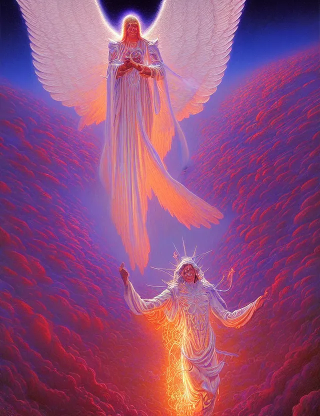 Prompt: psychedelic glowing white angel dmt entity, tim hildebrandt, wayne barlowe, bruce pennington, donato giancola, trending on artstation, cinematic composition, raytracing, beautiful lighting, hyper detailed, 8 k, oil on canvas