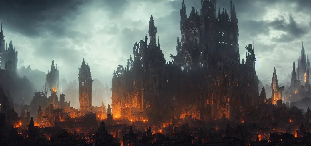 Image similar to view of an gothic city in ruins at night, crumbling castles, glowing dragons breathing fire, dramatic clouds, glowing fog, dramatic lighting, ultra detailed, sharp, ambient occlusion, raytracing, by greg rutowski, paul chadeisson and jessica rossier