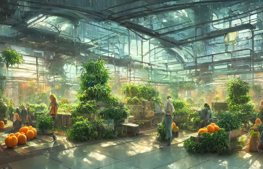 Image similar to concept art of a lush indoor hydroponics lab in a far - future utopian city, apples oranges pears fruit, key visual, ambient lighting, highly detailed, digital painting, artstation, concept art, sharp focus, by makoto shinkai and akihiko yoshida and hidari and wlop