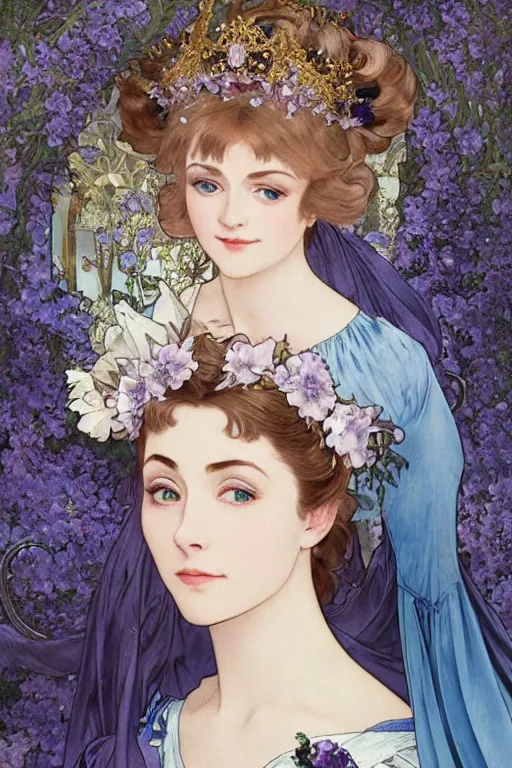 Prompt: Violet Evergarden who looks like a mix of Audrey Hepburn and Princess Aurora Sleeping Beauty, wearing a long flowing blue Victorian dress with a large central oval jade brooch, wearing a helm of gold and magnolia Flowers, large center golden foil metal circle in the background, realistic detailed face portrait of Madonna by Alphonse Mucha, Ayami Kojima, Amano, Charlie Bowater, Karol Bak, Greg Hildebrandt, Jean Delville, and Mark Brooks, only one person and only one face, Art Nouveau, Neo-Gothic, gothic, rich deep moody colors