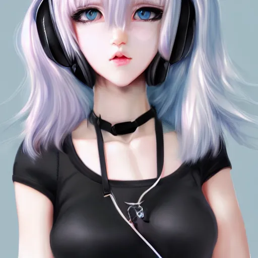 Image similar to realistic teasing detailed semirealism beautiful gorgeous cute Blackpink Lalisa Manoban white hair white cat ears blue eyes, wearing black camisole outfit, headphones, black leather choker full HD 4K high resolution quality WLOP, Aztodio, Taejune Kim, Guweiz, Pixiv, Instagram, Artstation