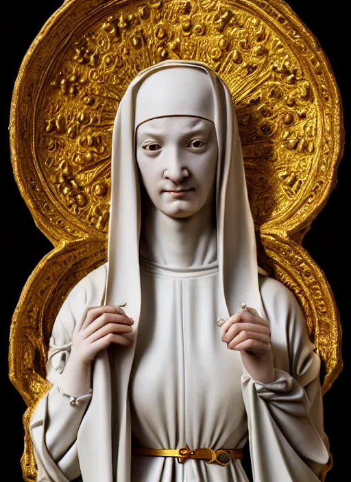 Prompt: a medieval female nun, elegant, filigree renaissance sculpture from gold and marble, brilliant symmetry, created by verrocchio andrea, leonardo da vinci, sandro botticelli, raffaelle monti, epic 7 0 mm lens shot, artstation trending, photorealism, sharp focus, smooth, establishing shot, sense of awe