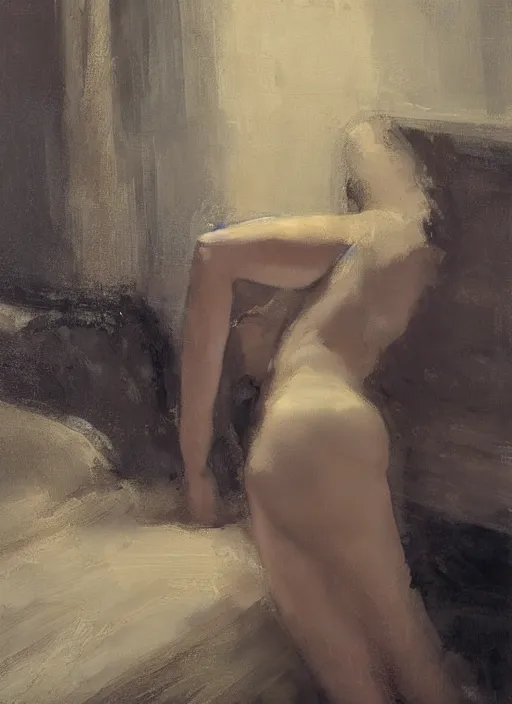 Image similar to portrait painting of a woman in an artistic pose at bed by jeremy mann, only one head single portrait