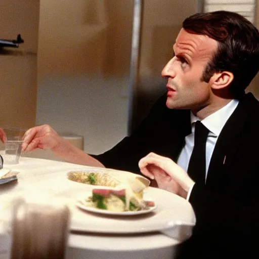 Image similar to Emmanuel Macron eating humans in American Psycho (1999)