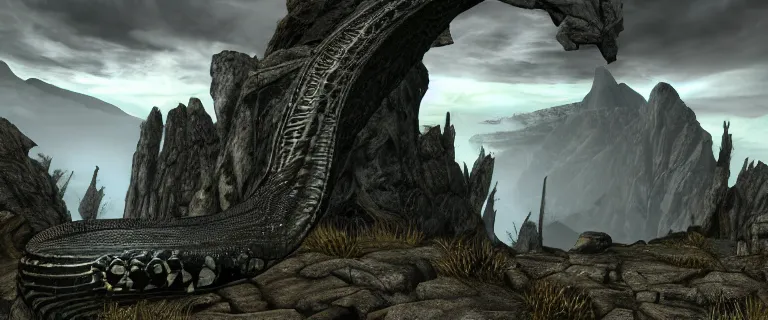 Prompt: large python serpent in The Elder Scrolls V: Skyrim, Markarth, Inside a city embedded into the mountain cliffs the Understone Keep is seen in the distance, The Reach, ancient brass dwemer ruins, brass debris, detailed scales on the giant snake, fierce python epic fantasy, dramatic lighting, cinematic, establishing shot, extremely high detail, photorealistic, cinematic lighting, artstation, by simon stalenhag