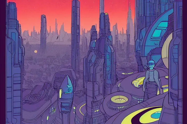 Prompt: a scifi illustration, Night City on Coruscant. flat colors, limited palette, heavy line work moebius in FANTASTIC PLANET La planète sauvage animation by René Laloux