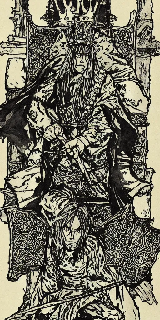 Image similar to a king on a throne drawn by Makoto Yukimura in the style of Vinland saga