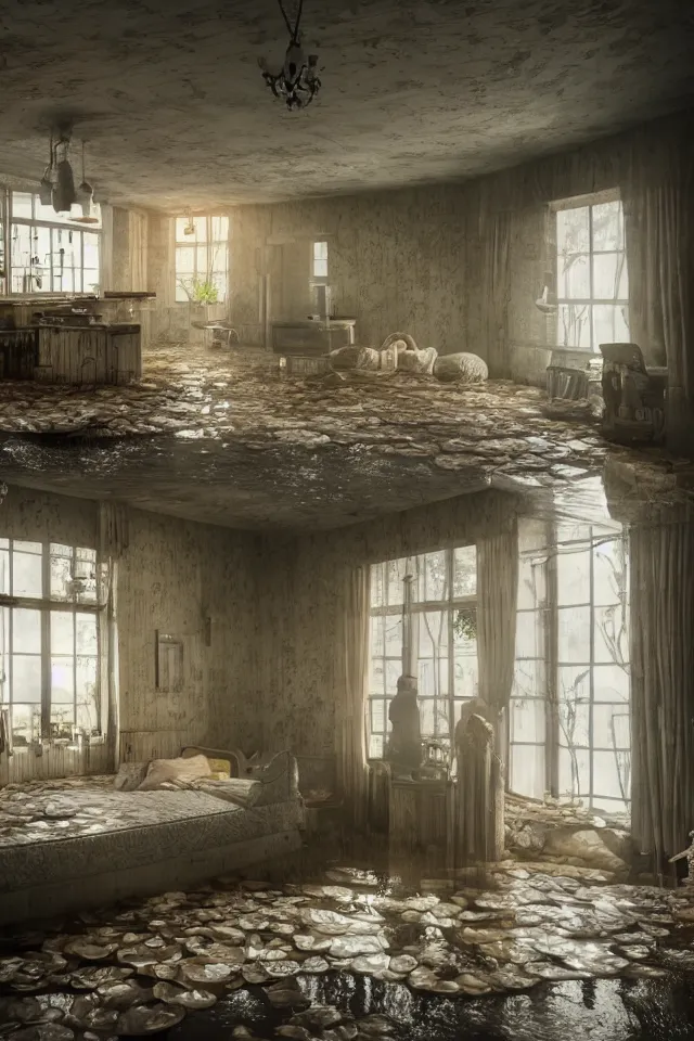 Image similar to flooded house interior, hyperdetailed, octane , hyper realistic , detailed , interior , hyperfocal 8k , in the style of Gregory Crewdson