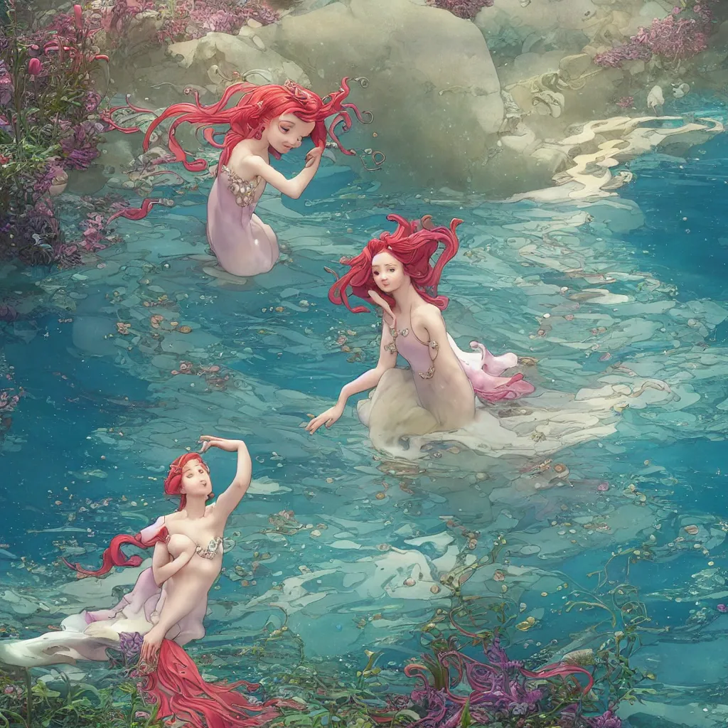 Prompt: a little mermaid in a long dress singing in the colorful ocean, correct human body and perspective, pearls and shells, fantasy art by ferdinand knab, makoto shinkai and ilya kuvshinov, rossdraws, tom bagshaw, alphonse mucha, trending onstudio ghibli, radiant light, highly detailed, octane render, 8 k