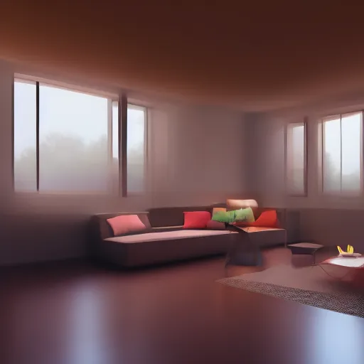 Image similar to wide shot of an almost pitch black dark family room in a house, 8K, 4K, digital art