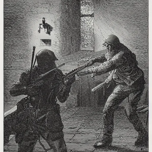 Prompt: A scene from Counter Strike, wood engraving, by Gustave Dore