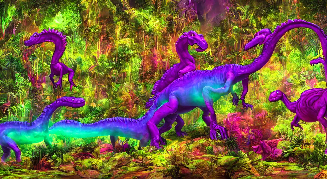 Image similar to spectral purple neon dinosaur, spectral neon pink dinosaur, spectral yellow neon dinosaur, green jungle background, detailed, ultrawide landscape