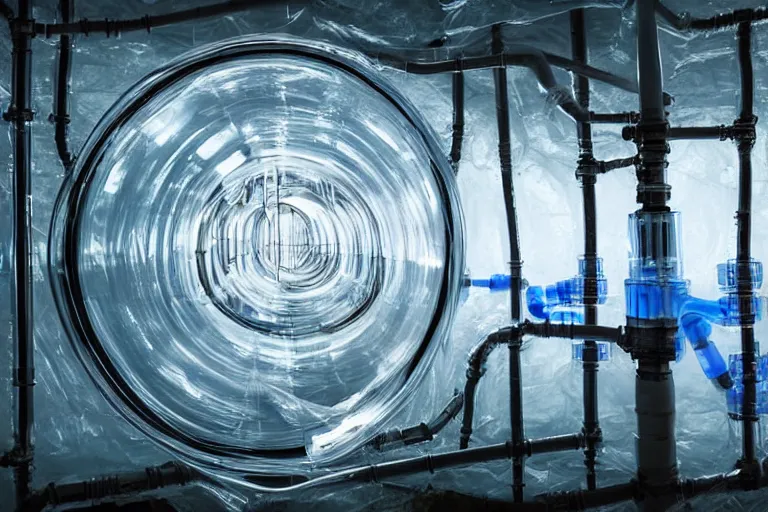 Prompt: vector monitor screen showing clear plastic pipes transporting liquid through an endless y 2 k crt lined tunnel, porcelain floating through, low - light photograph, in style of tyler mitchell