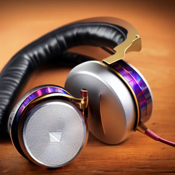 Image similar to masterpiece photo of beautiful crafted artistic bismuth metal headphones, bismuth rainbow metal, bismuth cups, leather padding, displayed on mahogany desk, modernist headphones, bismuth headphones beautiful well designed, hyperrealistic, audiophile, intricate hyper detail, extreme high quality, photographic, meze audio, sennheiser, hifiman, artstation