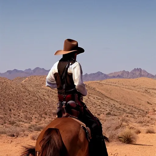 Image similar to gunslinger on a horse overlooking the desert, by Bruce Trimm and Eric Radomski